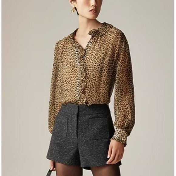 J.crew Ruffle button-up shirt in leopard-print crinkle chiffon sz 8 - Picture 1 of 9